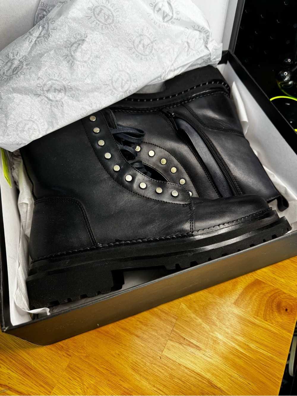 Vintage Foundry Co. Portia Black Leather Combat Boots Studded Lace Up Zip 10